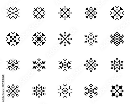 Snowflake Icon, Winter Christmas Snow Icon Set in Outline Style. Editable Stroke