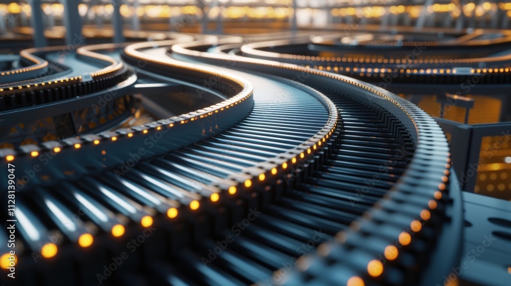A series of conveyor belts moving products across the factory floor indicating the increased production and economic growth resulting from reshoring. A series of conveyor belts moving products across the factory floor indicating the increased production and economic growth resulting from reshoring.