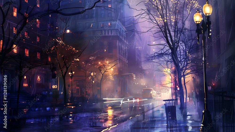 Naklejka premium A quiet city street at night, with a light mist in the air and the streetlights casting a soft, ethereal glow