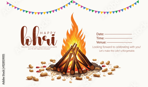 Happy Lohri Festival Card with Bonfire   nuts and sesame seeds, colorful decorations, and space for event details. A festive and traditional design for celebrations.