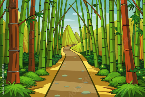 Pathway through a dense bamboo forest  isolated vector illustration