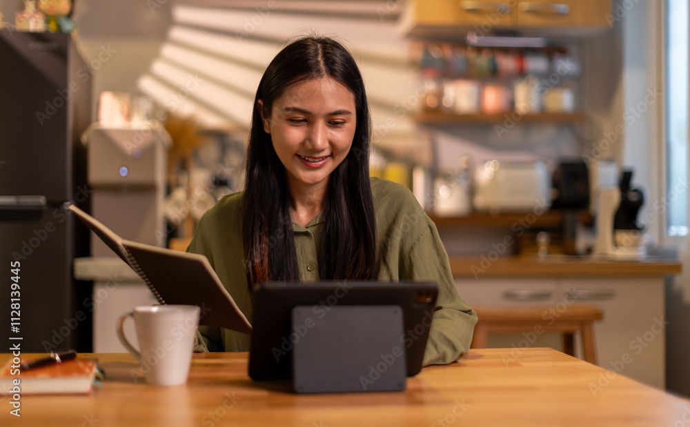 Female business freelancer asian person using digital tablet and laptop or remote working at home office, Female business freelancer asian person using digital tablet and laptop or remote working at home office,