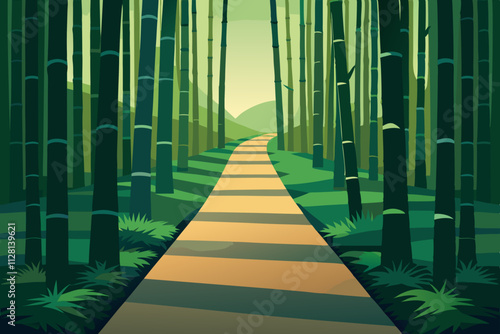 Pathway through a dense bamboo forest  isolated vector illustration