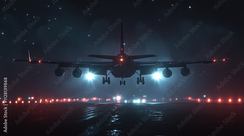 A powerful image of an airplane landing with its landing gear fully deployed, illuminated by the bright runway lights against a night sky A powerful image of an airplane landing with its landing gear fully deployed, illuminated by the bright runway lights against a night sky