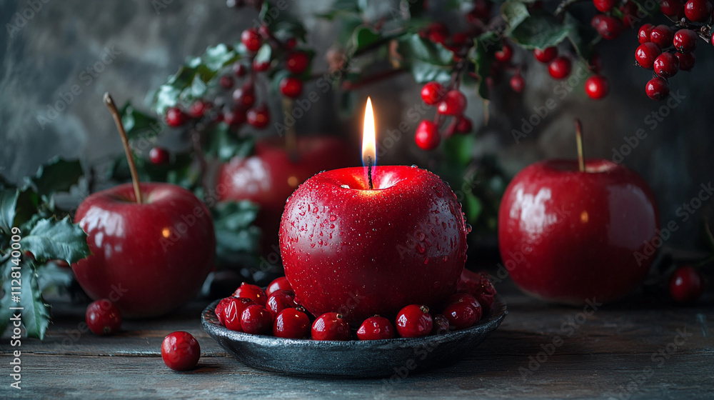 Red apples arranged with candle and berries for festive decoration Red apples arranged with candle and berries for festive decoration