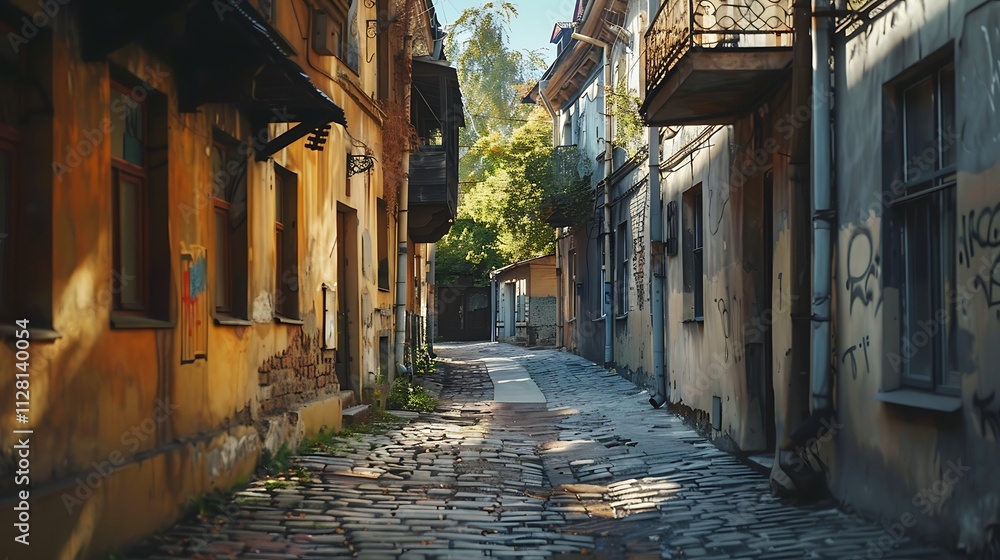 Fototapeta premium A quiet alleyway in an old town, with cobblestones and overhanging balconies