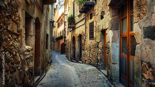 A quiet alleyway in an old town, with cobblestones and overhanging balconies