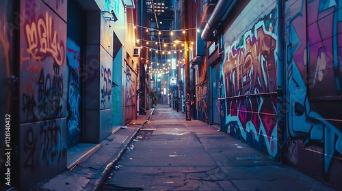 A quiet city alley with colorful graffiti on the walls, illuminated by the soft glow of string lights