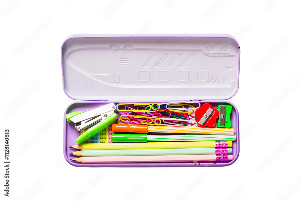 Box of school supplies isolated on transparent background. Box of school supplies isolated on transparent background.