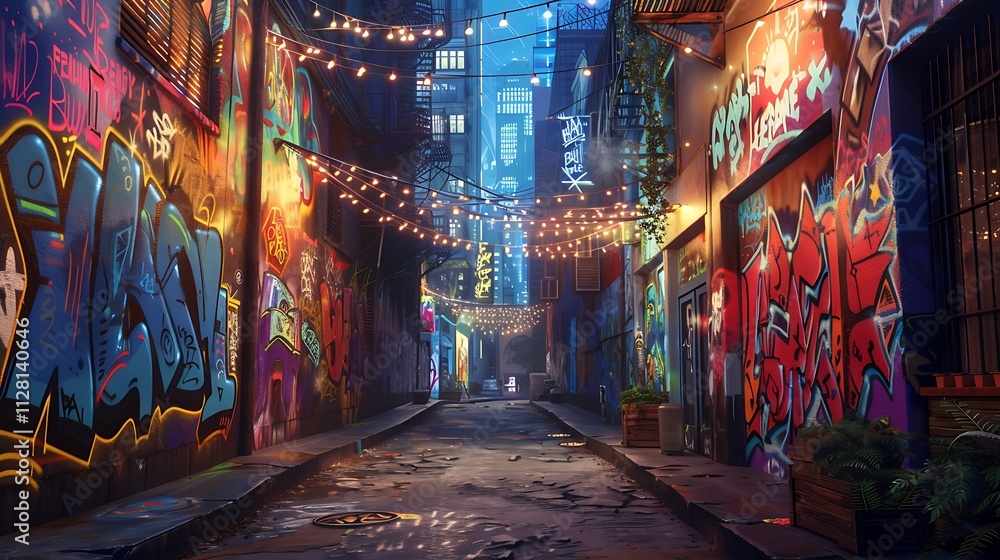 A quiet city alley with colorful graffiti on the walls, illuminated by the soft glow of string lights A quiet city alley with colorful graffiti on the walls, illuminated by the soft glow of string lights