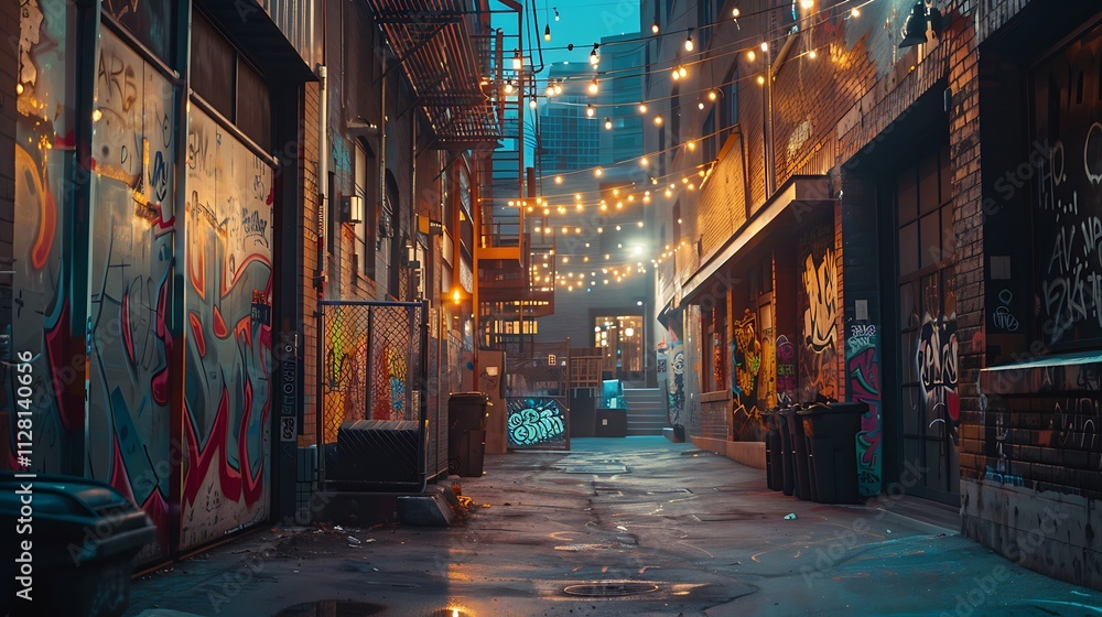 A quiet city alley with colorful graffiti on the walls, illuminated by the soft glow of string lights A quiet city alley with colorful graffiti on the walls, illuminated by the soft glow of string lights