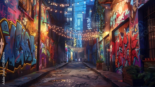 A quiet city alley with colorful graffiti on the walls, illuminated by the soft glow of string lights