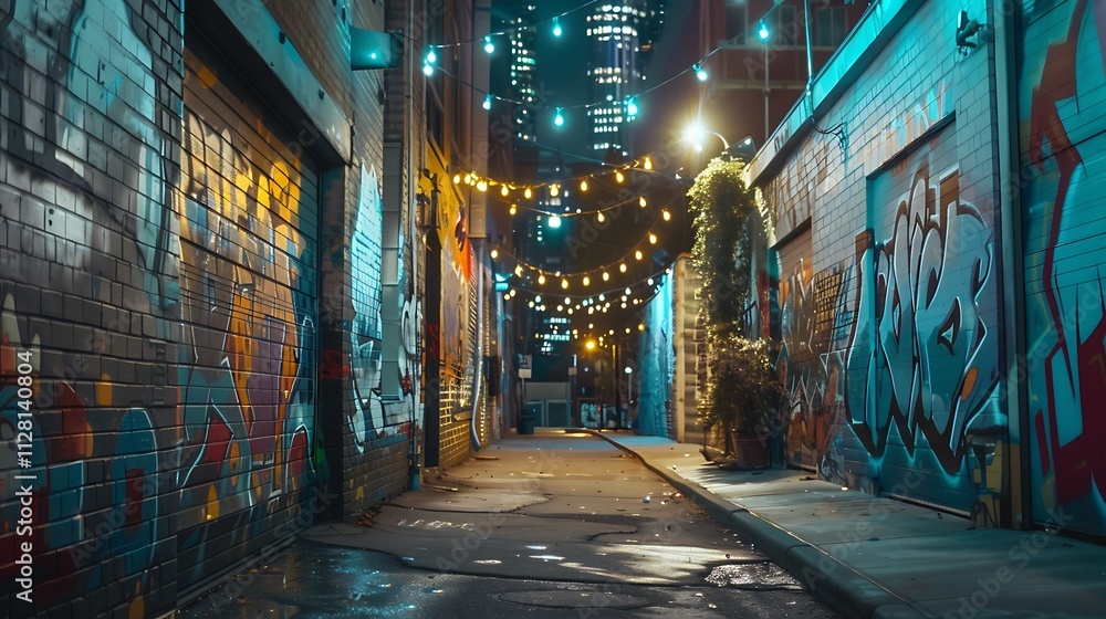 A quiet city alley with colorful graffiti on the walls, illuminated by the soft glow of string lights A quiet city alley with colorful graffiti on the walls, illuminated by the soft glow of string lights