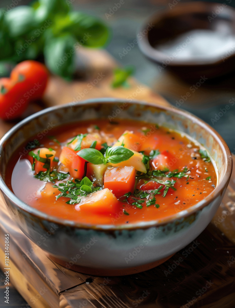 Close up photo of Gazpacho in rustic wooden table setting with fresh herbs and tomatoes Close up photo of Gazpacho in rustic wooden table setting with fresh herbs and tomatoes