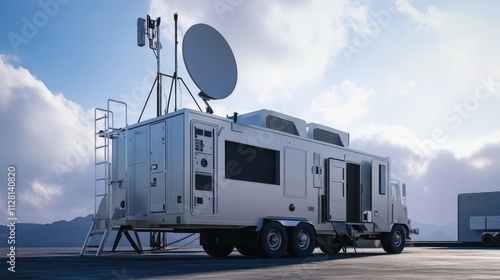A secure mobile command post with advanced communication antennas and equipment, used in field operations for high-stakes missions or emergency response