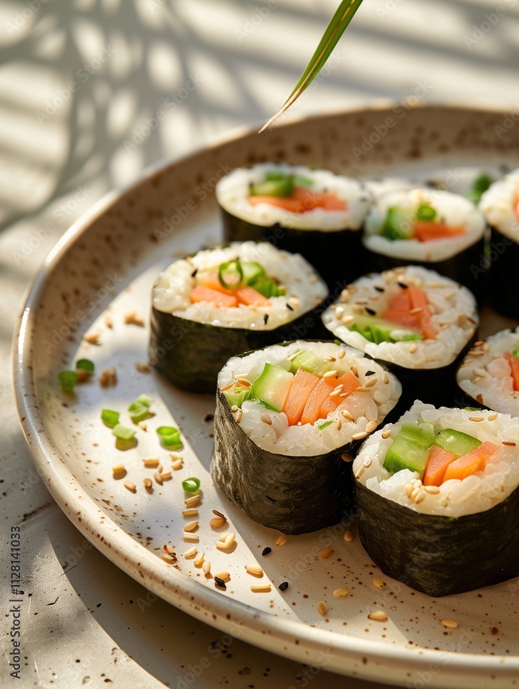 Traditional Futomaki roll with vegetables and omelette on a rustic background, close up Traditional Futomaki roll with vegetables and omelette on a rustic background, close up