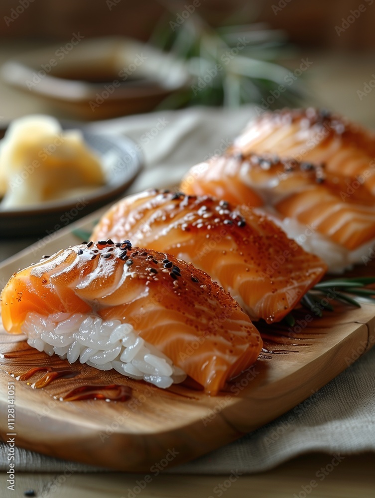 Traditional Hirame nigiri, flounder sushi on ceramic plate, close up photo with beige background Traditional Hirame nigiri, flounder sushi on ceramic plate, close up photo with beige background