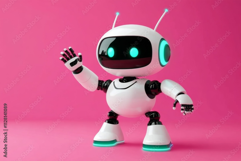 White robot round head two antennae its A friendly 3d character waving White robot round head two antennae its A friendly 3d character waving