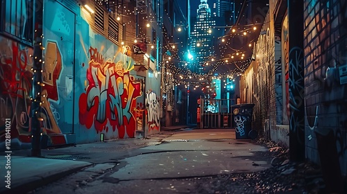 A quiet city alley with colorful graffiti on the walls, illuminated by the soft glow of string lights