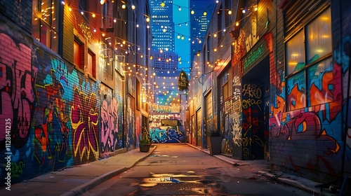 A quiet city alley with colorful graffiti on the walls, illuminated by the soft glow of string lights