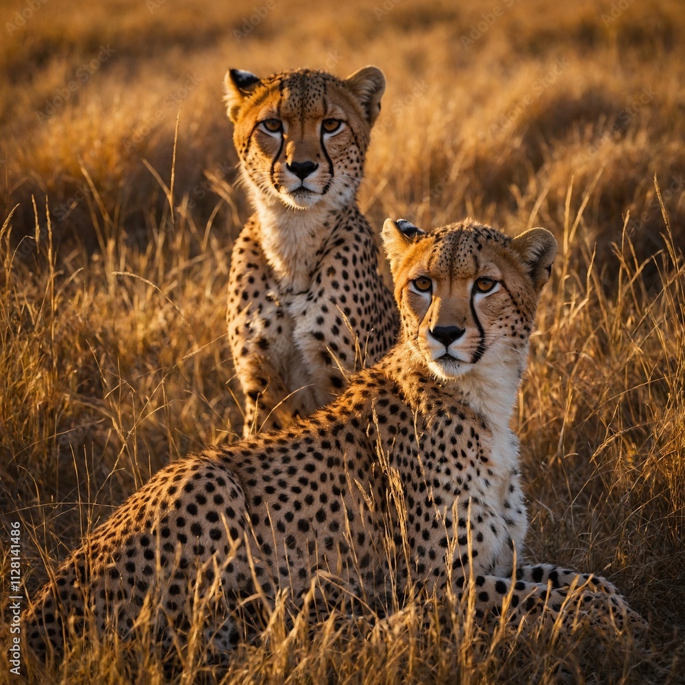 A pair of cheetahs resting in tall, golden grass during sunset. A pair of cheetahs resting in tall, golden grass during sunset.