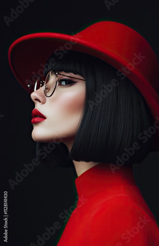 Close-up of a woman with black, shoulder-length bob haircut, wearing a red hat and glasses, and a red dress.
