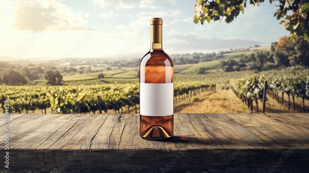 Fototapeta premium A sophisticated wine bottle mockup on a rustic wooden table, with a clear view of the label, set against a vineyard background for a classy touch