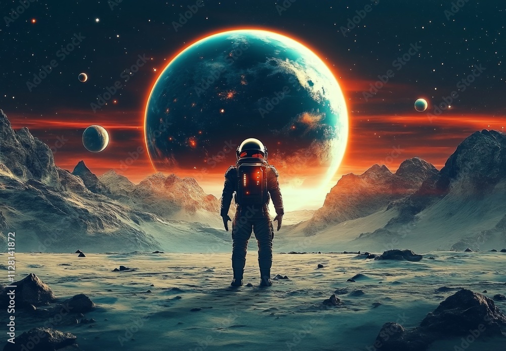 Fototapeta premium Astronaut standing surface planet large background is wearing An