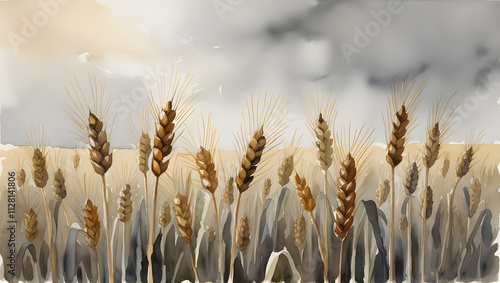 Watercolor artwork, old wheat field print, in beige and gray style, gloomy atmosphere, outdoor. photo