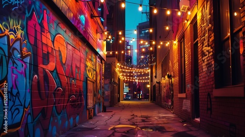 A quiet city alley with colorful graffiti on the walls, illuminated by the soft glow of string lights