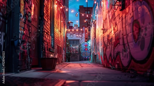 A quiet city alley with colorful graffiti on the walls, illuminated by the soft glow of string lights