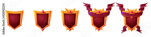 Gold game rank icon for level medal vector set. Achievement shield badge for insignia trophy and award in fantasy rpg play. Winner reward button with red magic gem. Medieval banner progress kit