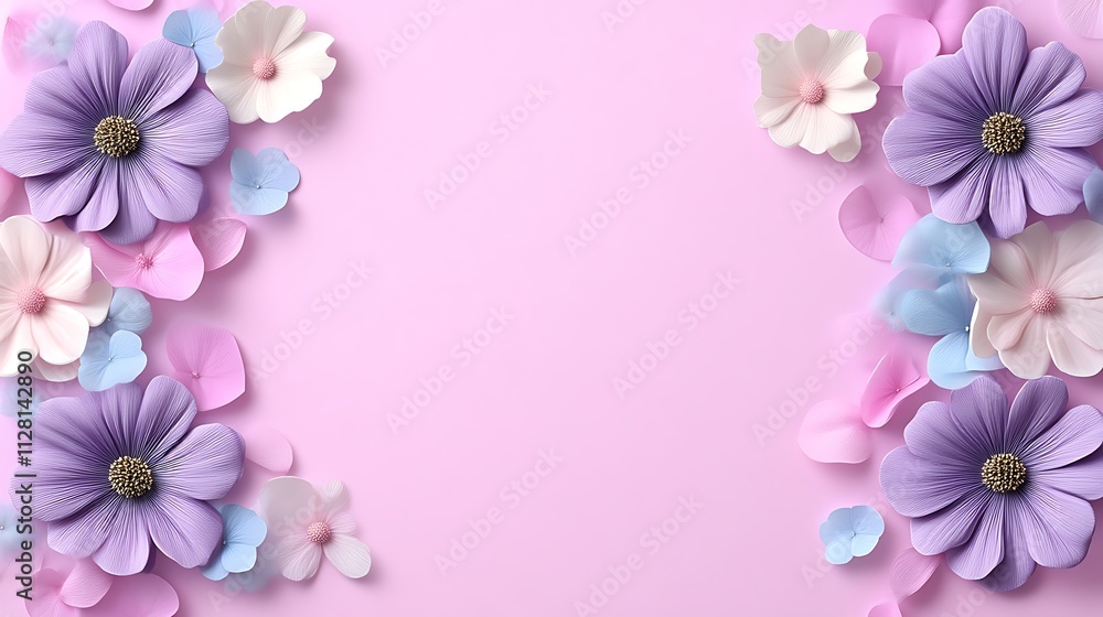 Fototapeta premium Pastel paper flowers arranged on pink background