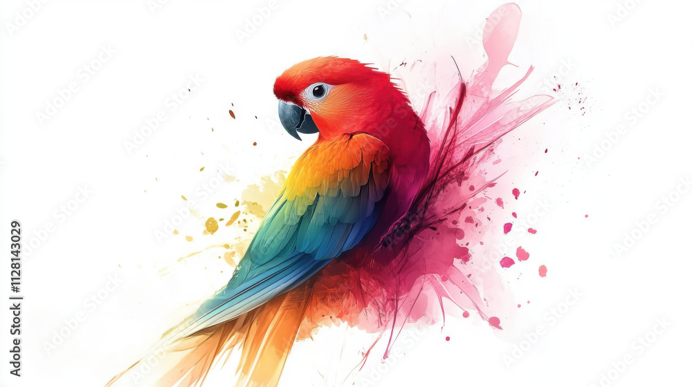 Obraz premium Vibrant Scarlet Macaw Perched Gracefully Among Abstract Color Splashes, Showcasing Nature's Beauty in Stunning Artistic Representation