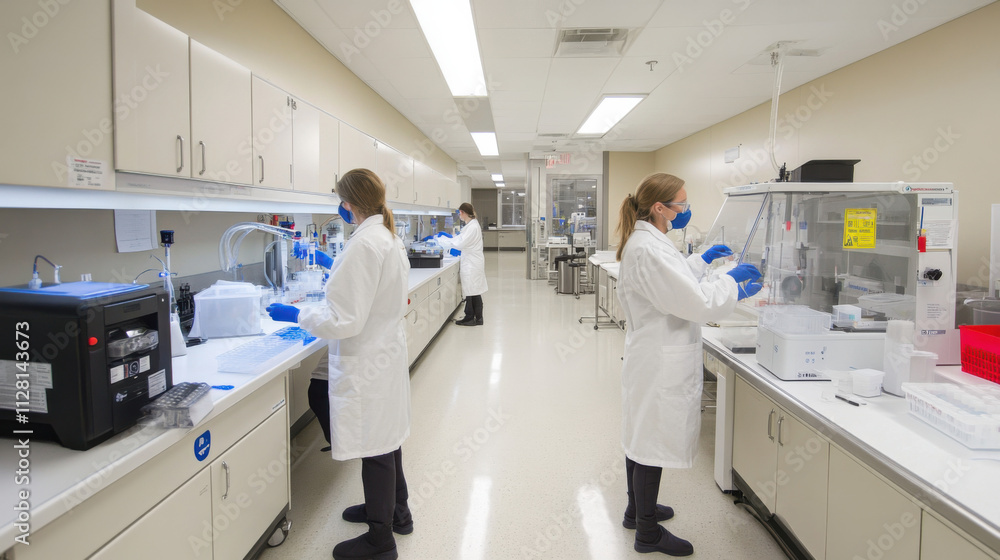 Modern Laboratory Environment with Scientists Conducting Research and Experiments in a Clean and Well-Equipped Space Modern Laboratory Environment with Scientists Conducting Research and Experiments in a Clean and Well-Equipped Space