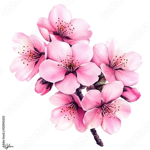 Delicate Pink Cherry Blossoms: A watercolor illustration of a cluster of vibrant pink cherry blossoms, capturing the beauty and fragility of nature.  