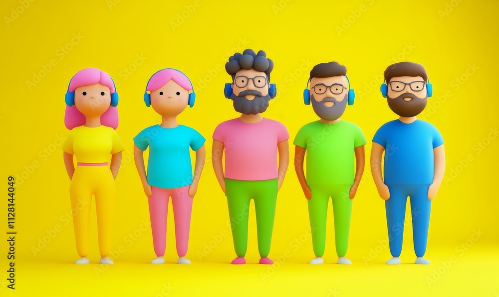 Group five cartoon characters standing line against bright of diverse people Group five cartoon characters standing line against bright of diverse people