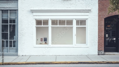 A white brick building with a vacant shop window, surrounded by a well-kept sidewalk, providing a neutral space for business branding or marketing photo