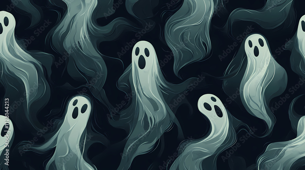 Ghostly phantoms on a dark background as a seamless pattern. ai generation. Phantom. Illustration Ghostly phantoms on a dark background as a seamless pattern. ai generation. Phantom. Illustration