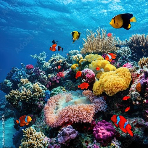 Vibrant coral reef teeming with colorful fish. photo