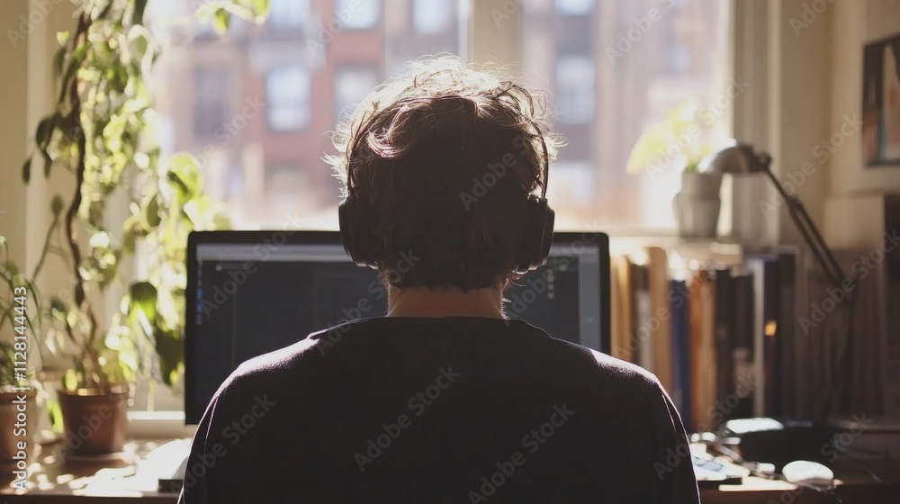 Person Working From Home With Headphones On Person Working From Home With Headphones On