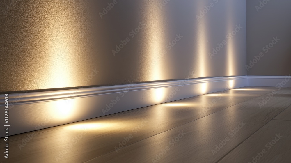 Fototapeta premium Soft Ambient Lighting Along Modern Wall with Wooden Floor