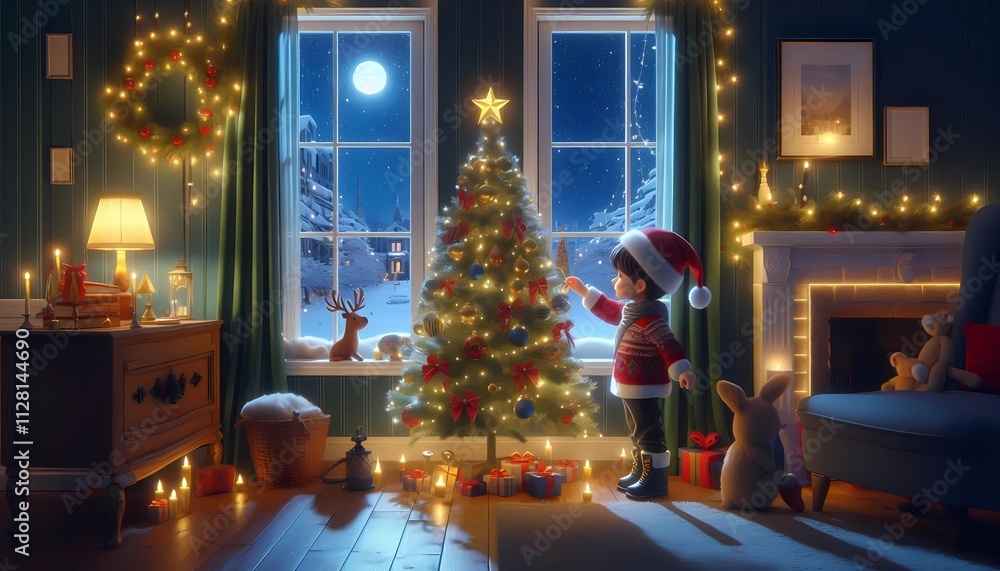 3d illustration wallpaper of a little boy decorating a Christmas tree near the window at night. 3d illustration wallpaper of a little boy decorating a Christmas tree near the window at night.