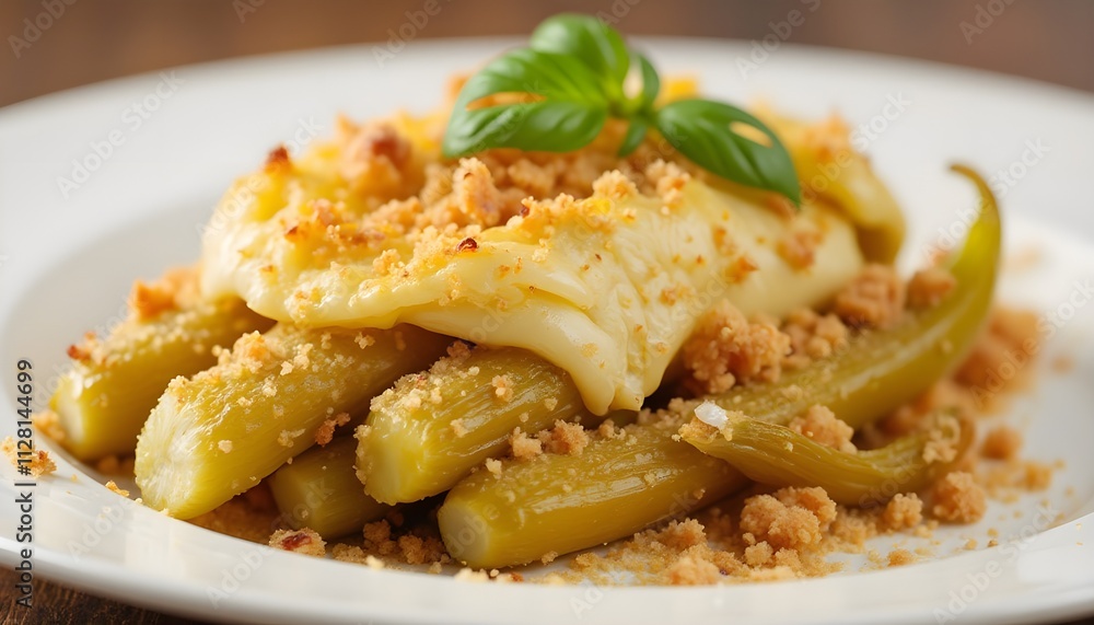 Endive Gratin Baked with Cheese and Breadcrumbs on White Plate Endive Gratin Baked with Cheese and Breadcrumbs on White Plate