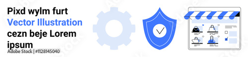 Gear and shield with checkmark next to e-commerce storefront. Ideal for online security, digital marketing, e-commerce, cyber protection, web development, online stores, data protection. Landing page