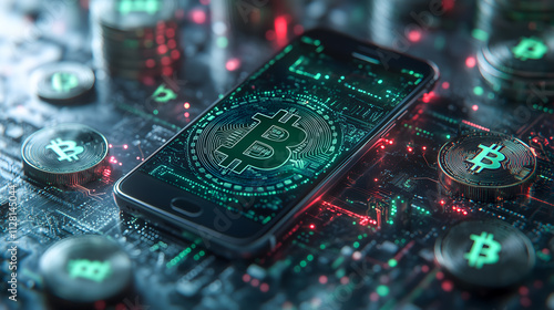 Digital Bitcoin Display on Smartphone Amid Cryptocurrency Coins