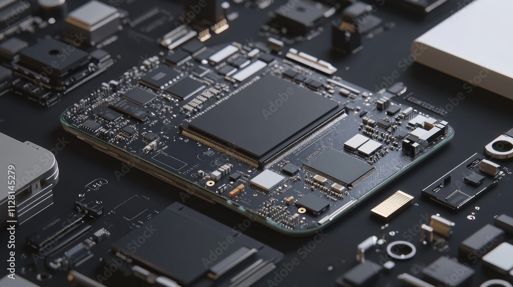 Detailed 3D render of a disassembled mobile phone's electronic chip and CPU, highlighting the internal technology and components Detailed 3D render of a disassembled mobile phone's electronic chip and CPU, highlighting the internal technology and components