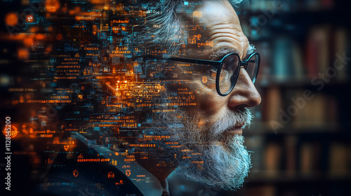 Elderly Man with Digital Data Overlay in a Futuristic Concept