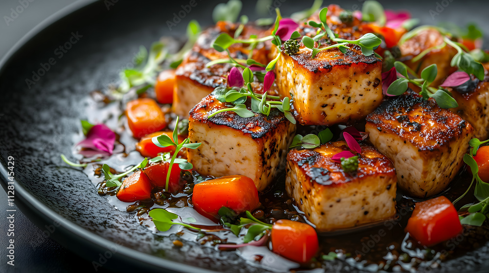 Grilled Tofu with Roasted Vegetables and Herb Garnish Grilled Tofu with Roasted Vegetables and Herb Garnish