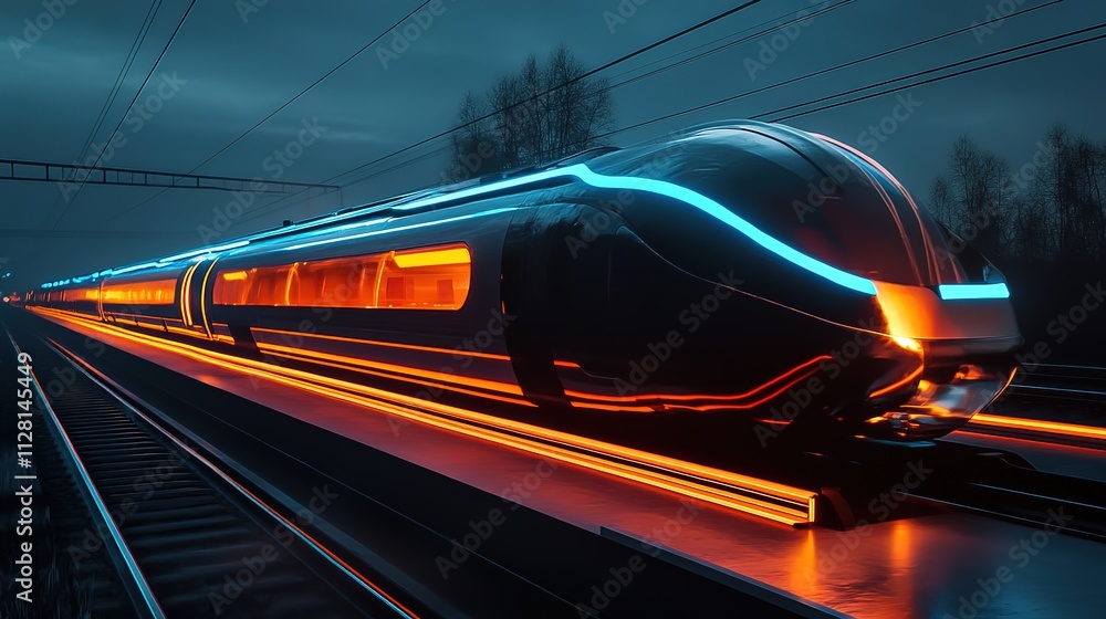 Naklejka premium Futuristic train, motion blur, neon lights, technology, fast transportation, 8k Resolution
